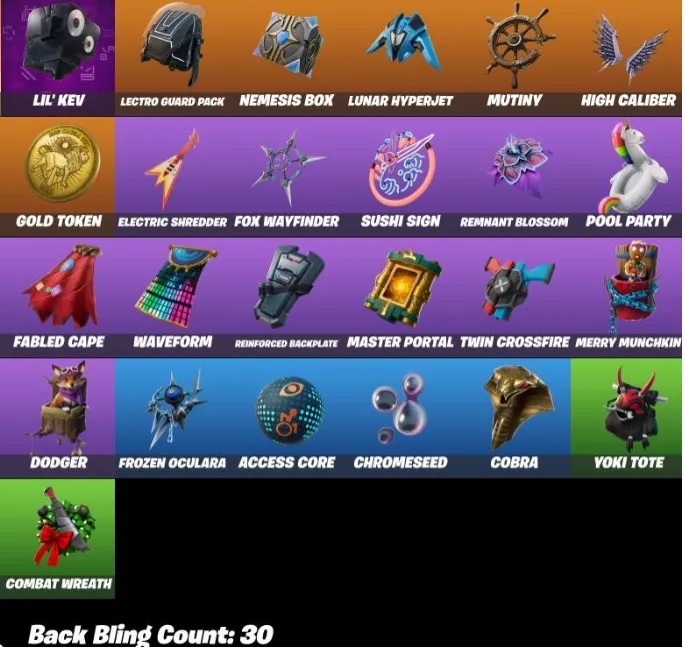 F983 12 Skins, Galaxy (Samsung Exclusive), Take The Elf Emote, Hybrid, Blackheart, Luxe, Ruin, Cobalt, Peely